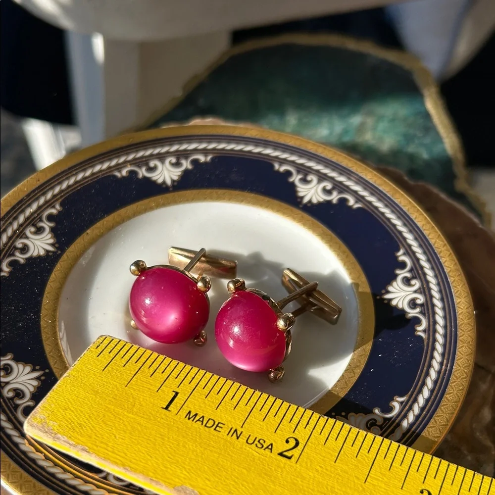 Vintage Art Deco Fuchsia Moon-glow Gold-Tone Cufflinks